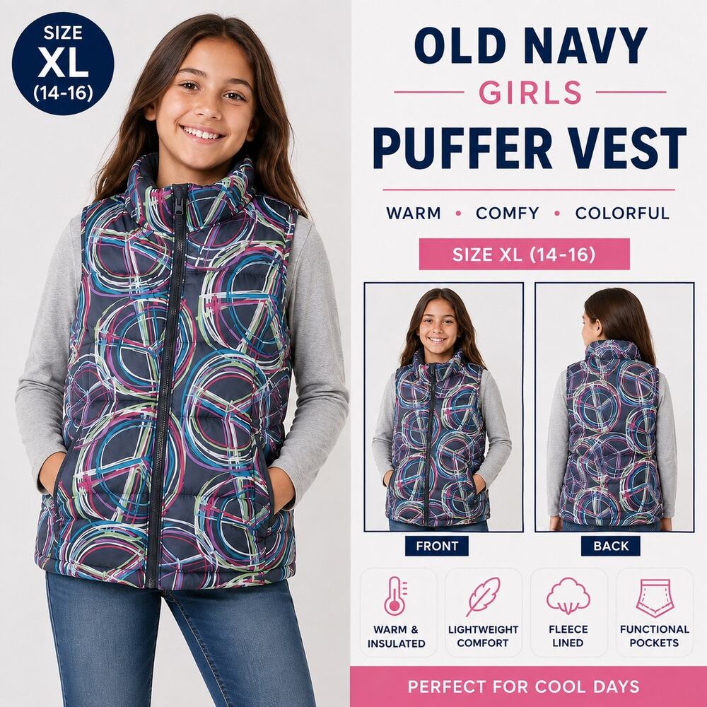 Old Navy Girls Puffer Vest Gray Colorful Abstract Circle Print Fleece Lined Zip